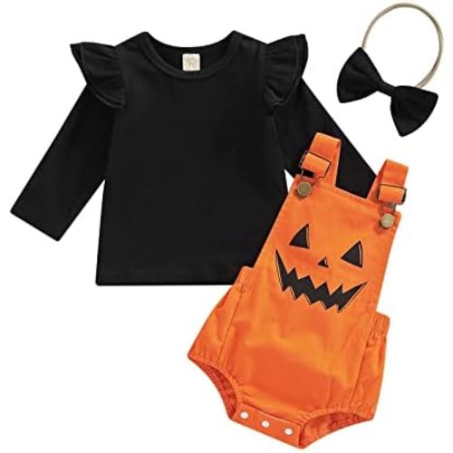 Newborn Halloween Baby Girls Outfit Fly Long Sleeve Ribbed Top+ Pumpkin Ghost Printing Suspender Romper+ Headwear