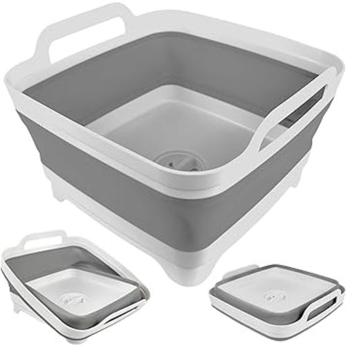 Collapsible Wash Basin with Drain Plug - 2.4 Gallon (9L) Portable Sink for RV Camping,Space-Saving Dish Pan and Wash Basin for Baby Bottles - Collapsible Dish Tub (Gray)