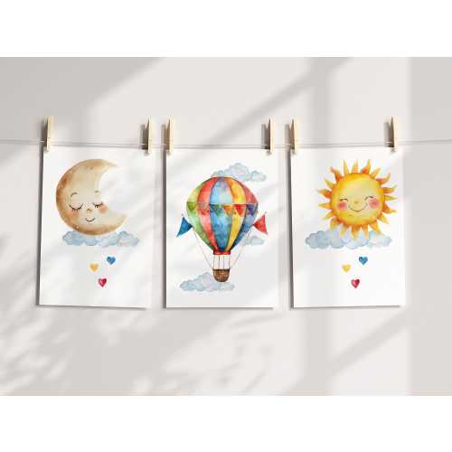 Whimsical Nursery Wall Art Set of Three Printables - Sun, Moon and Hot Air Balloon Prints | Baby Room Decor & Kids Room Art for Playroom