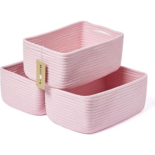Shelf Storage Baskets for Organizing | Closet Organizer Bins | Small Baskets | Toy Basket | Cute Decorative Basket | Cube Storage Bin | Woven Rope Basket | 13×8.5×5.1” | 3 Packs Pink