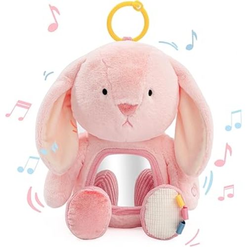 Koty Musical Tummy Time Toy,Baby Mirror Toy 3 Years Old, Infant Sensory Toy with Crinkle Sounds, Textures, Mirror & Melody Music Box for Tummy Time and Self-Discovery (Pink Rabbit)