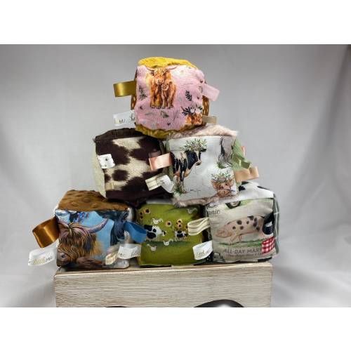 Farm Theme Stuffed Crunchy Cube, cow print sensory play, best baby toy, farm animal handmade baby crinkle toy