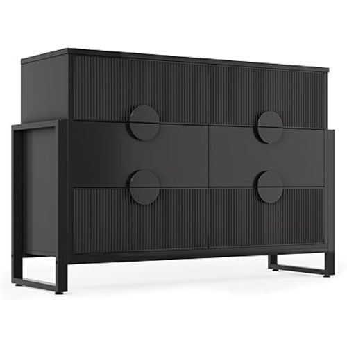 LGHM Fluted Dresser for Bedroom with 6 Drawers, Modern 6 Drawers Dressers with Semicylinder Fluted, Solid Chest of Drawers, 50" W Dresser with Bold Steel Frame, Metal Handles, Black