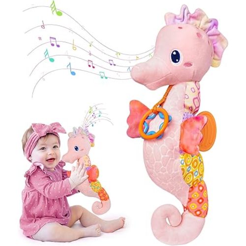 Baby Toys 0-6 Months,Infant Musical Seahorse Stuffed Animals Sensory Toys with Bright Colors,Multiple Textures,Rattles & Crinkle Sound Paper,Soft Tummy Time Toy for Newborn Boys Girls 0-12 Months-Pink