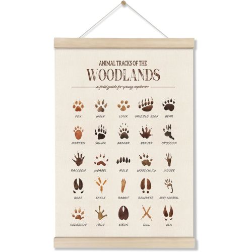 Woodland Tracks Poster Hanger Frame, Nature Jungle Forest Nursery Wall Art | Woodland Theme Room Wall Decor, Animal Tracks Field Guide Canvas Artwork for Boy
