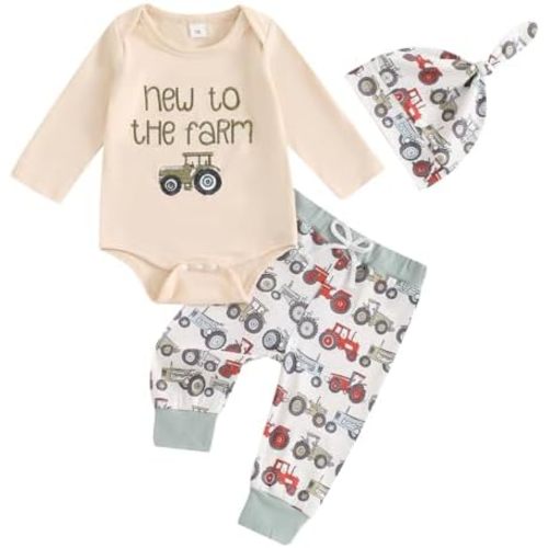 Karuedoo Newborn Baby Boy Farm Outfit Letter Embroidery Long Sleeve Romper Tractor Pants Hat 3Pcs Coming Home Outfit