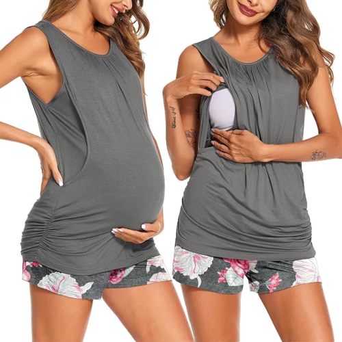Ekouaer Women Maternity Nursing Pajama Set Breastfeeding Double Layer Pregnancy Pjs Set Sleeveless Top & Shorts with Pockets - Large - B-flower Gray