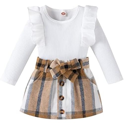 Noubeau Toddler Baby Girls Plaid Outfits Knit Ribbed Sweatshirt Shirt Tops Red Plaid Belt Skirt Fall Winter Clothes