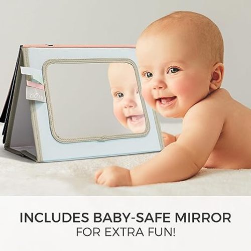 ZICOTO Soft Tummy Time Book with Large Stimulating Baby Safe Mirror - Fun High Contrast Montessori Toy w/ Mirror, Crinkle Paper & Silicone Teether The Perfect, (zic-ttbook2_23-050)