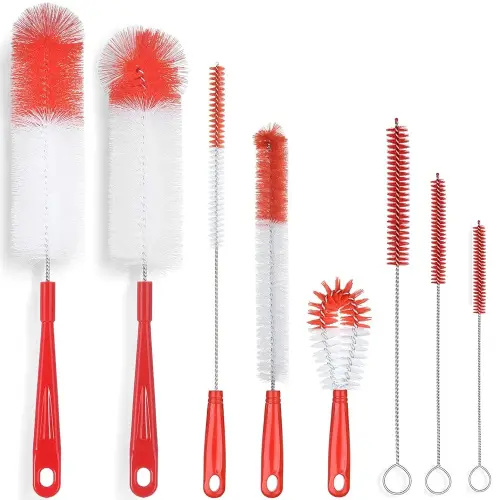 ALINK 5-Pack Red Bottle Brush Cleaner Set - Long Large Cleaing Brush for Narrow Neck Wine/Beer Bottles/ Flask/ Thermos/ Hummingbird Feeder/ Sport Well, Spout/Lid Brush, Straw Brush