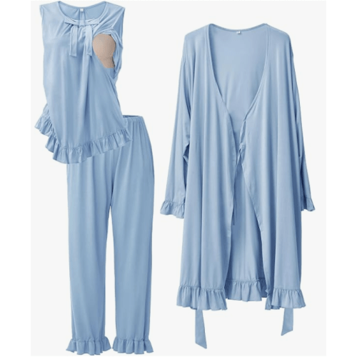 SUNNYBUY 3 PCS Ruffle Maternity Nursing Pajamas Set & Robe for Postpartum