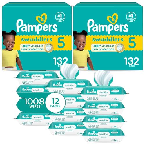 Pampers Swaddlers Disposable Baby Diapers Size 5, 2 Month Supply (2 x 132 Count) with Sensitive Water Based Baby Wipes 12X Multi Pack Pop-Top and Refill (1008 Count)