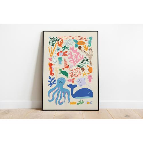 Colorful Marine Print Underwater Nursery Minimalist Wall Art Cute Seaside Print for Kids Room Rainbow Artwork