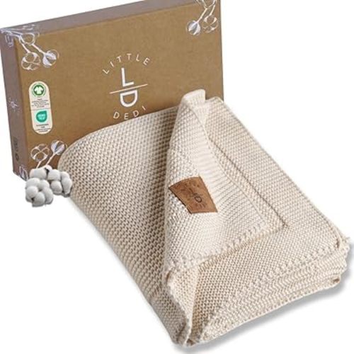 100% Organic Cotton Baby Knitted Blanket with Gift Box - Soft Toddler, Crib, Stroller Blanket - Neutral Swaddle and Receiving Blanket for Newborns, 30"x40", Color Earth Ivory