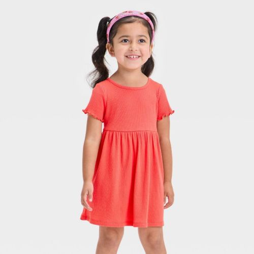 Toddler Girls' Short Sleeve Ribbed Dress - Cat & Jack™ Coral Orange 12m