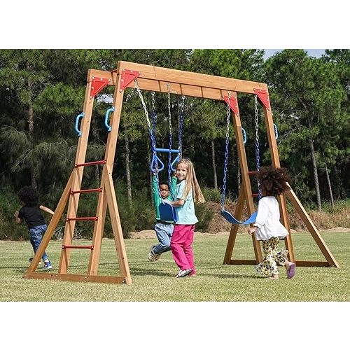 Dolphin Playground Wood Swing Sets for Backyard with Monkey Bar, Kids Outdoor Play Equipment, Outdoor Playset for Kids with Trapeze Swing Bar and 2 Belt Swings, Heavy Duty Playground Accessories