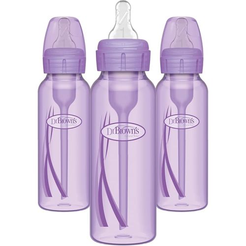 Dr. Brown’s Natural Flow® Anti-Colic Options+™ Narrow Baby Bottles 8 oz/250 mL, with Level 1 Slow Flow Nipple, 3 Pack, Purple, 0m+