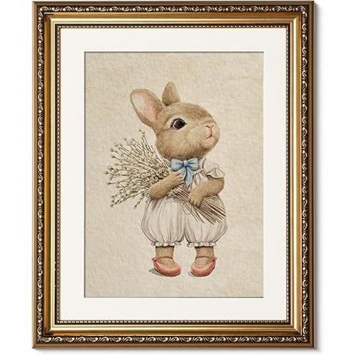 ARPEOTCY Gold Framed Canvas Wall Art, Baby Rabbit Animal Art Prints, Cute Bunny Decor for Kids Girls Room Nursery Playroom, Easter Gift for New Mom, 13x16 Inch