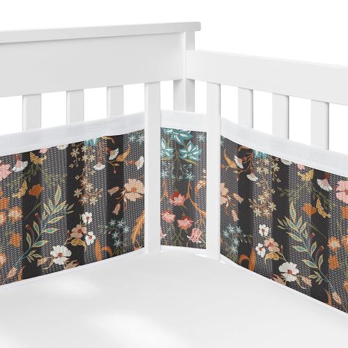 Sweet Jojo Designs + BreathableBaby Boho Wildflower Vintage Floral Girl Breathable Mesh Crib Liner Pad Baby Infant Black Orange Teal Bohemian Farmhouse Daisy Leaves Botanical Flower Garden Cottagecore