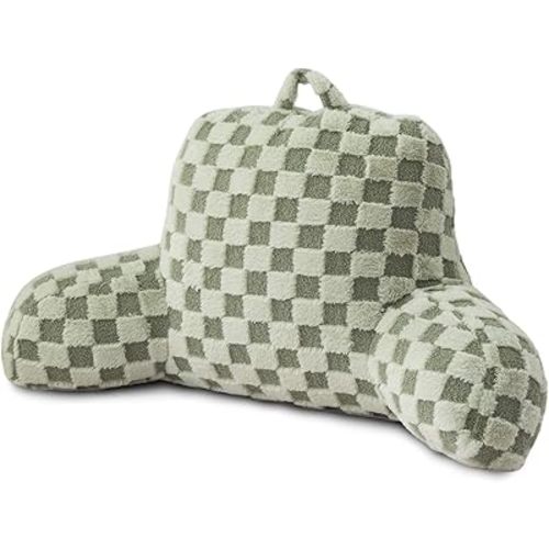 A Nice Night Faux Fur Reading Pillow,Checkered Fluffy Grid Plaid,Bed Wedge Pillow Large Adult Children Backrest with Arms for Bedrest,Green