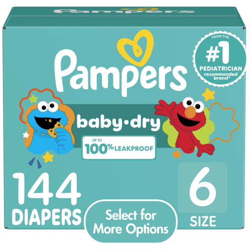 Pampers Baby-Dry Diapers, Size 6, 144 Count, 12H Dryness, 5 Layers, Hypoallergenic