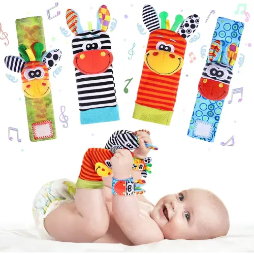 Wrist Rattle Foot Finder Socks Set for Baby Arm Hand Bracelet Rattle Feet Leg Ankle Socks Newborn Soft Sensory Toys Baby Socks Newborn Rattles Toys Baby Gifts 0-3 6-12 Months Infant Girl Boy