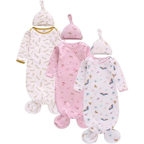 Newborn Knotted Nightgown Long Sleeve with Matching Hat Set 3 Pack, Unisex Baby Sleeper Gowns Coming Home Outfits Set with Mitten Cuffs for Boys Girls 3-6 Months
