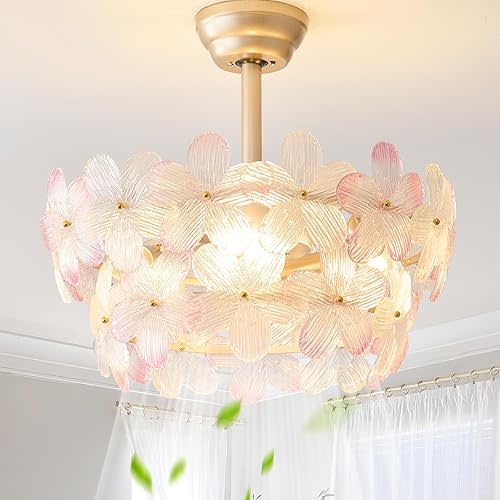 Gold Crystal Fandelier Ceiling Fans with Lights, 20" Gold Flower Chandelier Ceiling Fan with Light Remote Control, Caged Mid Century with 6 Speeds for Bedroom, Nursery, Living Room (Pink)