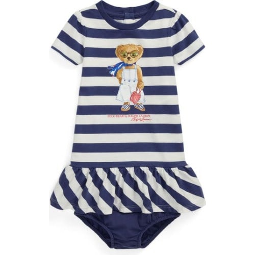 Striped Polo Bear Cotton Dress & Bloomers Set, 6M