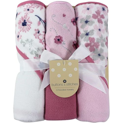 Cudlie Buttons & Stitches Baby Girl 3 Pack Rolled/Carded Hooded Towels in Crisp Blossom Print (GS71728)