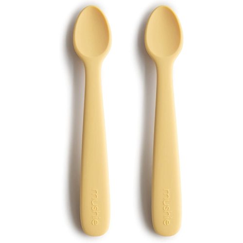 mushie Silicone Baby Feeding Spoons | 2 Pack (Daffodil) - (Cambridge Blue/Shifting Sand)