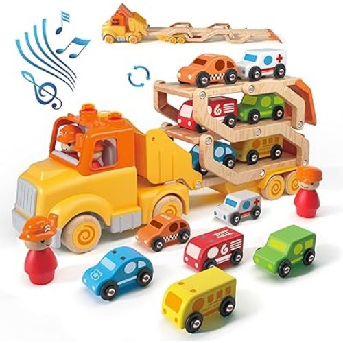 Toddler Toys for 2 3 4 5 Years Old Kids, Transport Car Carrier Truck Toy with 6 Wooden Vehicle, 30in Foldable Track Trailer with Light & Sound Effects, Best Gift Choice for Christmas, Birthday