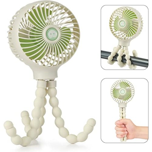 snawowo Mini Handheld Personal Portable Fan, Baby Stroller Fan, Car Seat Fan, USB or Battery Powered, with Flexible Tripod Clip on Student Bed Desk Bike Crib Treadmill Camping Traveling(Beige)