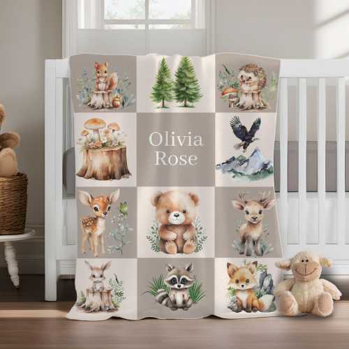 Woodland Baby Blanket Personalized Newborn Blanket Forest Animal Nursery Custom Gift for Baby Shower Gift for Infant Toddler Kids Birthday
