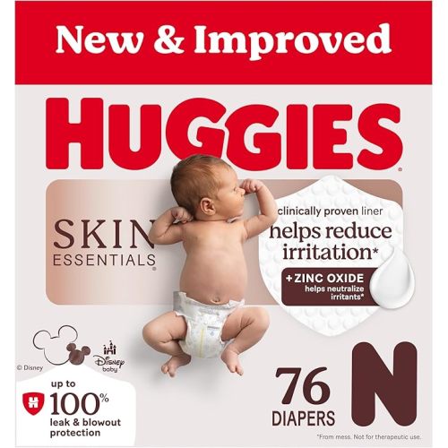 Huggies Size Newborn Diapers, Skin Essentials Baby Diapers, Size Newborn (6-9 lbs), 180 Count (3 Packs of 60), Packaging May Vary