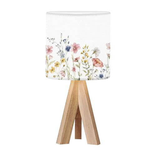 OEPWQIWEPZ Tripod Bedside Desk Table Lamp Watercolor Floral Seamless Border Hand Frame Green Leaves Wildflowers Wood Nightstand Lamp with Linen Fabric Shade for Nursery Bedroom Living Room Kids Room