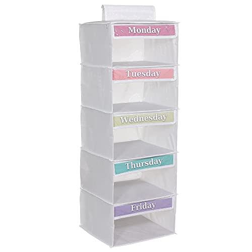5-Shelf Weekly/Weekday Clothes Organizer for Kids (33”) School/ Day of the Week, Monday through Friday