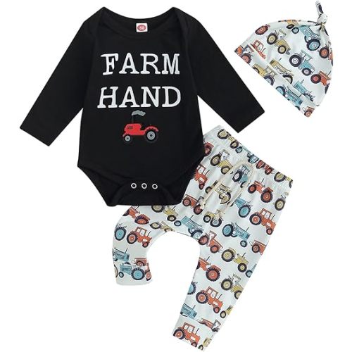 Twopumpkin Infant Baby Boy Farm Letter Bodysuit Romper and Long Pants Newborn Coming Home Outfit Cute Clothes Sets with Hat