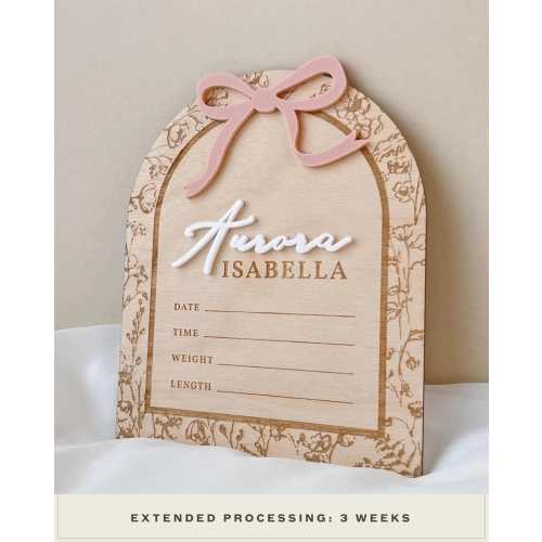 Girl Birth Announcement Sign Baby Girl Keepsake Birth Announcement Girl Hospital Bow Name Announcement Sign Girl Floral Nursery Decor Girl
