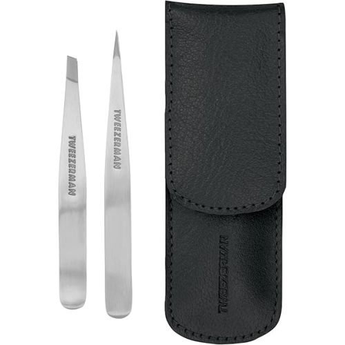 Tweezerman Petite Tweeze Set with Travel Case - Point and Slant Tweezers, Tweezers for Travel (Black Case)