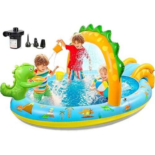 SULIFEEL Dinosaurs Inflatable Play Center Kiddie Pool with Slide and Sprinkler for Children, 96''x59''x39'' Baby Pool for Backyard and Garden, Free Inflatable Pump