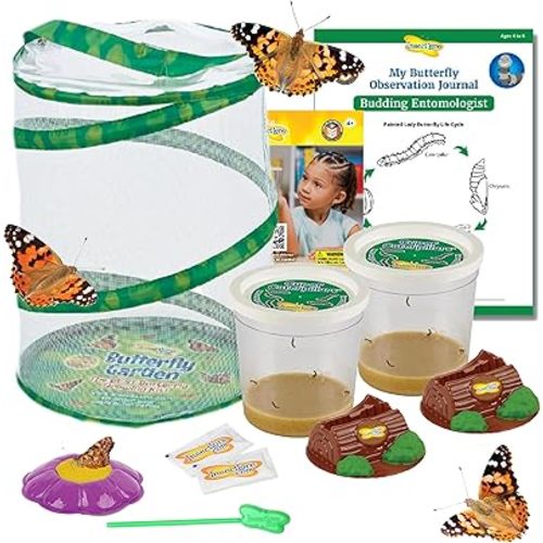 Insect Lore Butterfly Garden | 10 Live Baby Caterpillars | Habitat, Feeder, Chrys-A-Lid Logs, STEM Journal Included | Raise and Release Painted Lady Butterflies