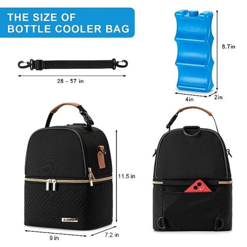 Breastmilk Cooler Bag with Ice Pack Fits 6 Baby Bottles up to 9 Ounce, Breast Milk Pump Cooler Bag with Shoulder Strap for Nursing Mom Daycare, Work, Travel- Black