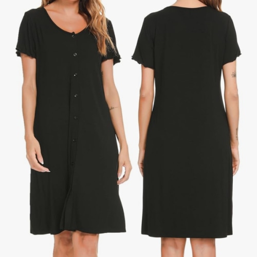 Lovasy Women's Nightdresses & Nightshirts Button Down Nightdress for Women UK Ladies Nighties Short Sleeve Night Dress Soft Nighties for Women Summer Ladies Nightdress with Pockets,Black,S : Amazon.co.uk: Fashion
