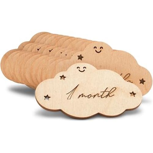 Baby Monthly Milestone Cards, Pack of 1 Set of 12 Cloud Shape Baby Photo Props for Monthly Pregnancy/Baby Milestones, by Woodpeckers