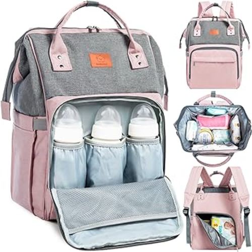 KeaBabies Baby Diaper Bag Backpack - Baby Bag for Boys, Girls, Waterproof Multi Function Baby Backpack, Large Diaper Bags for Baby Girl, Baby Boy, Travel Diaper Bag with Changing Pad(Pink Gray)