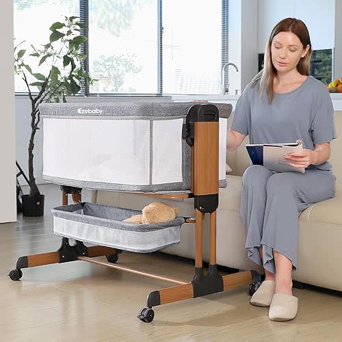 Ezebaby Bassinet, Rocking Bassinet for Baby, Baby Bassinets Bedside Sleeper, Adjustable Baby Bedside Bassinet with Wheels, Storage Basket and Mesh Sides for Newborn Infant
