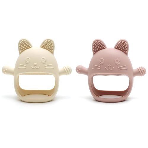 Rabbit Hand Guard Teether 2-Pack – Silicone Baby Teething Toys for Infants, Toddlers & Newborns – 100% Food Grade, BPA-Free¸Flexible Gum Soother (Rabbit Hand Guard - Pink/Cream)