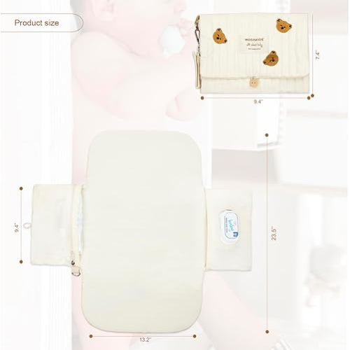 Portable Diaper Changing Pad, with, for Newborn Girl & Boy with Smart Wipes Pocket, Easy-Clean, Waterproof, Soft, Comfortable Foldable Baby Changing Pad (Bear)