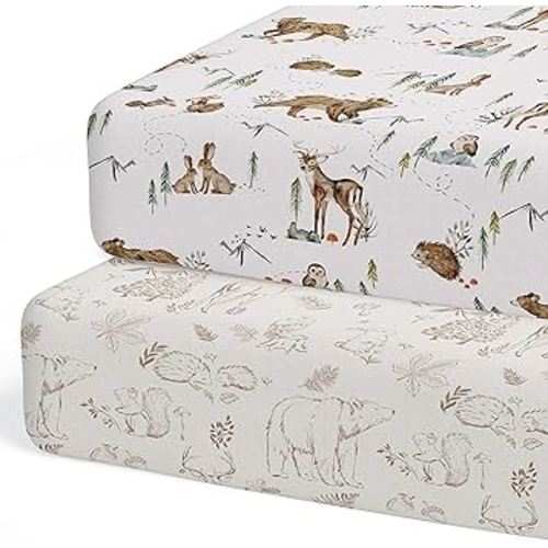 Crib Sheets Neutral - Fitted Baby Crib Sheets Bed for Girl Boy - 2 Pack Standard & Toddler Mattress - Buttery Soft Organic Cotton Blend (Magic Forest)